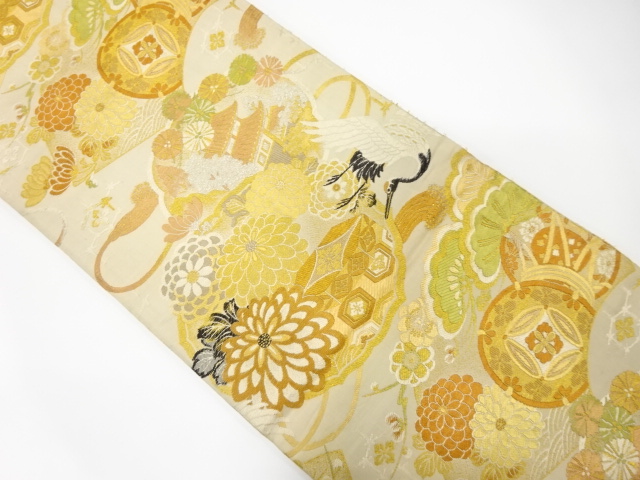 JAPANESE KIMONO / ANTIQUE MARU OBI / WOVEN MIRROR & CRANES & DRUMS